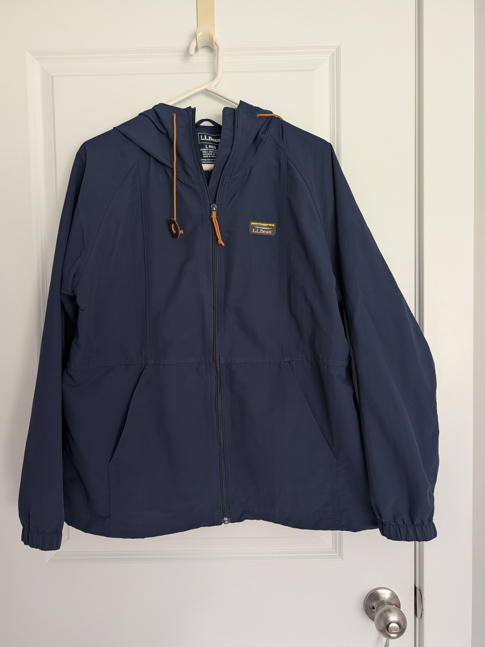 L.L. Bean Women's Navy Hooded Windbreaker with Tan Drawcords